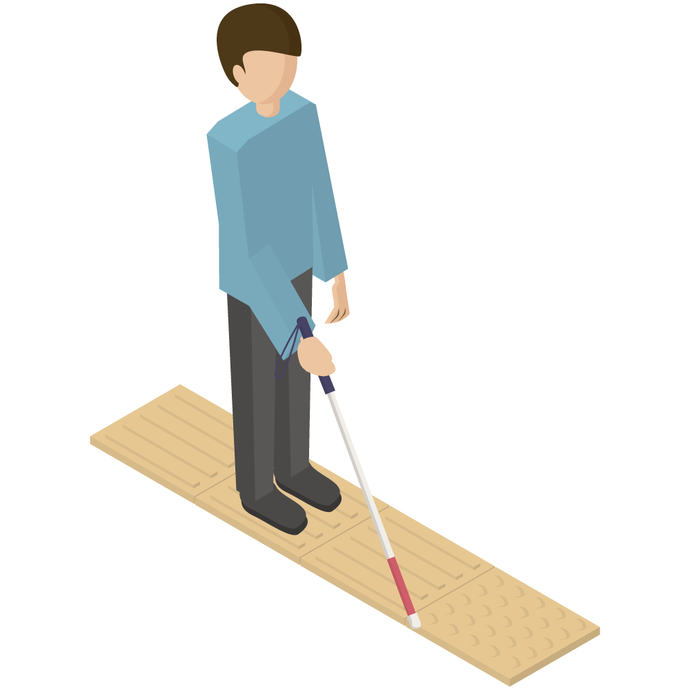 アイソメトリックの点字ブロックと白杖を持つ男性のイラストです。