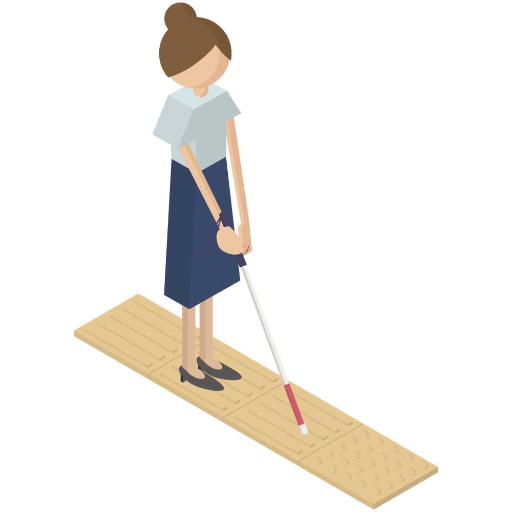 点字ブロックと白杖を持つ女性のイラストです。