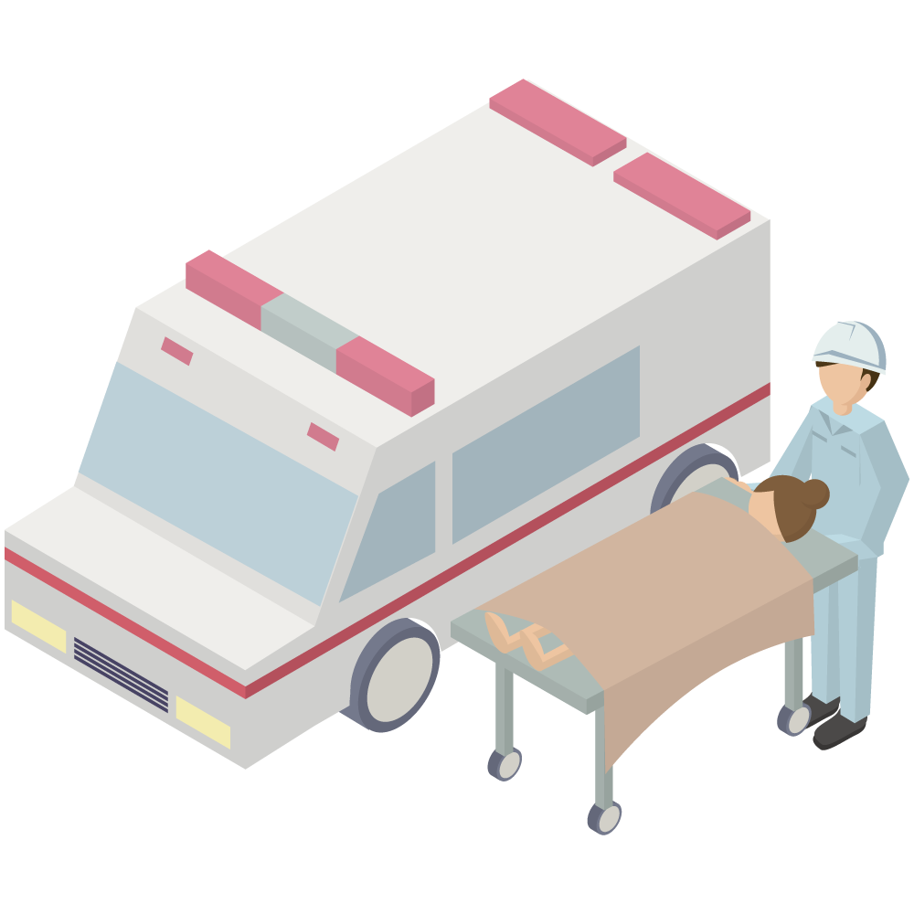 アイソメトリックの救急車と救急隊員のイラストです。