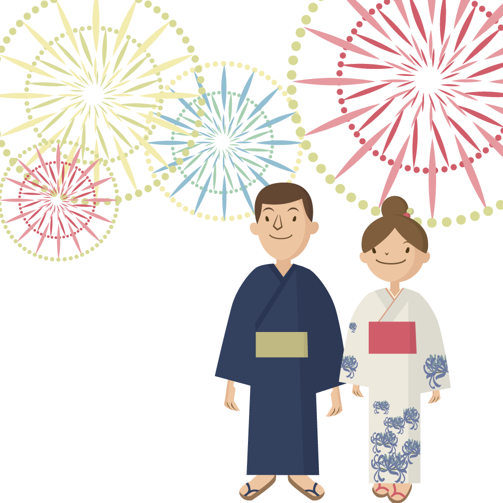 浴衣を着て打ち上げ花火を見る男性と女性のイラストです。