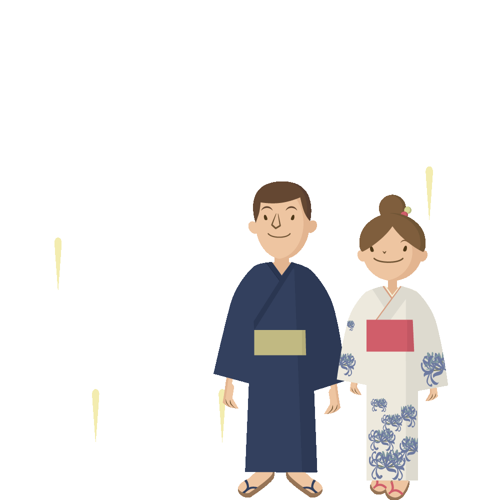 浴衣を着た男性と女性が花火大会を見ている動くイラストです。
