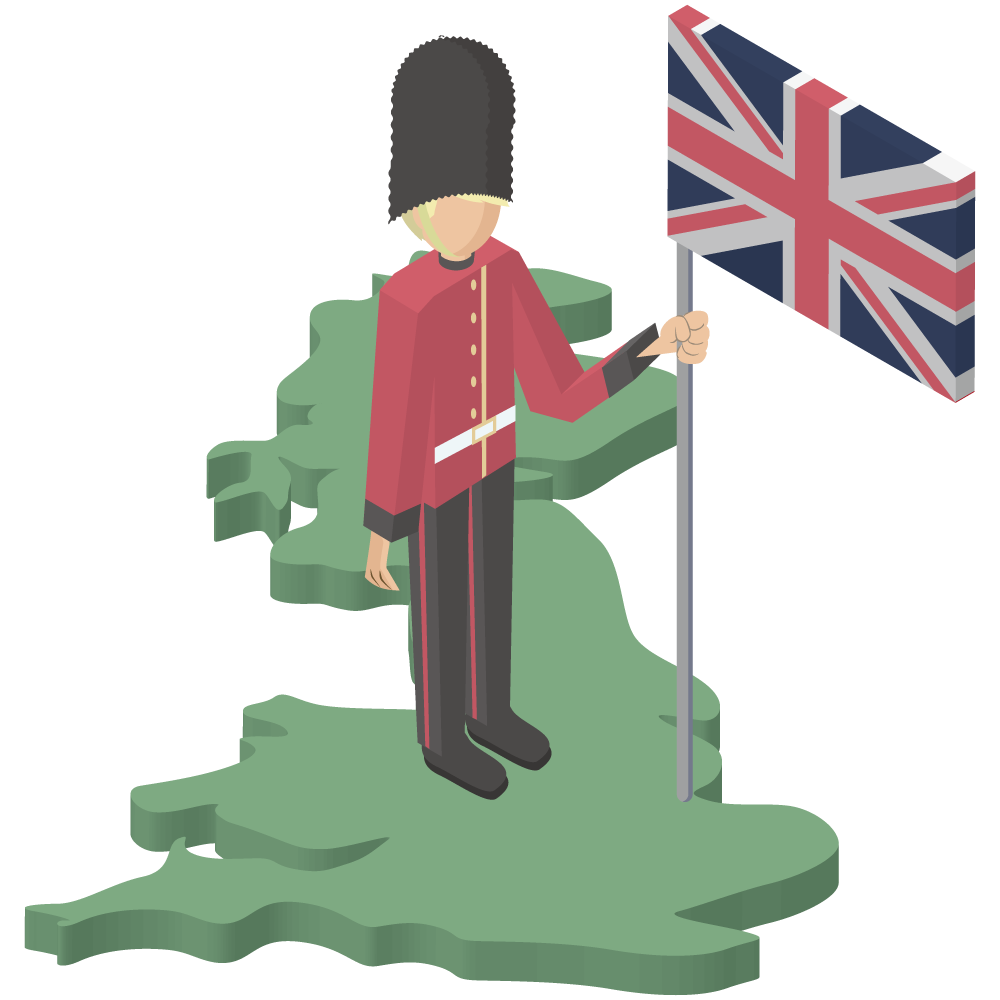 アイソメトリックのイングランドの地図の上に立つ、国旗を持ったイギリス陸軍近衛師団のイラストです。