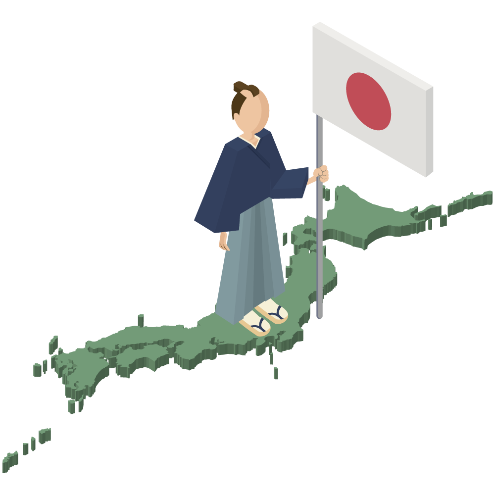 アイソメトリックの日本地図の上に立つ、日の丸を持った侍のイラストです。