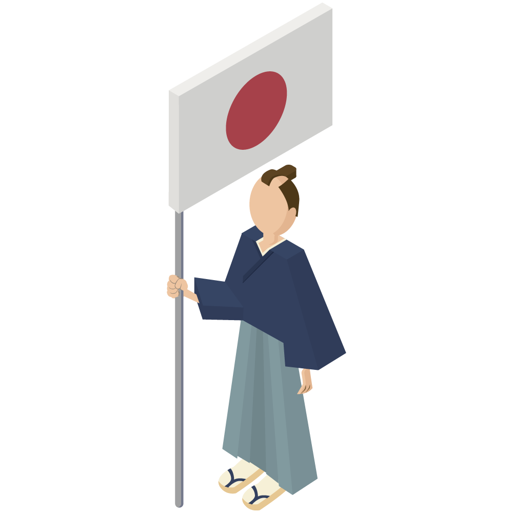 アイソメトリックの日の丸を持った侍のイラストです。