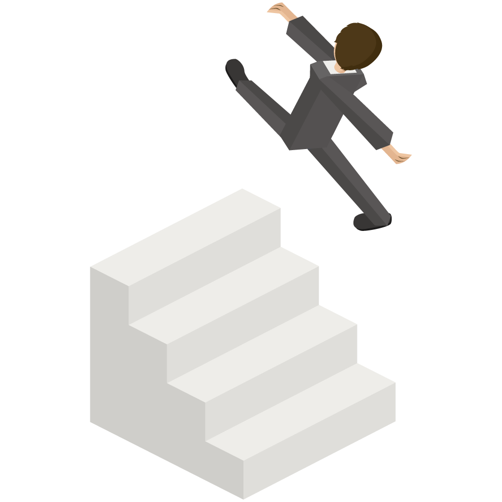 アイソメトリックの階段を一足飛びに飛び上がる会社員のイラストです。