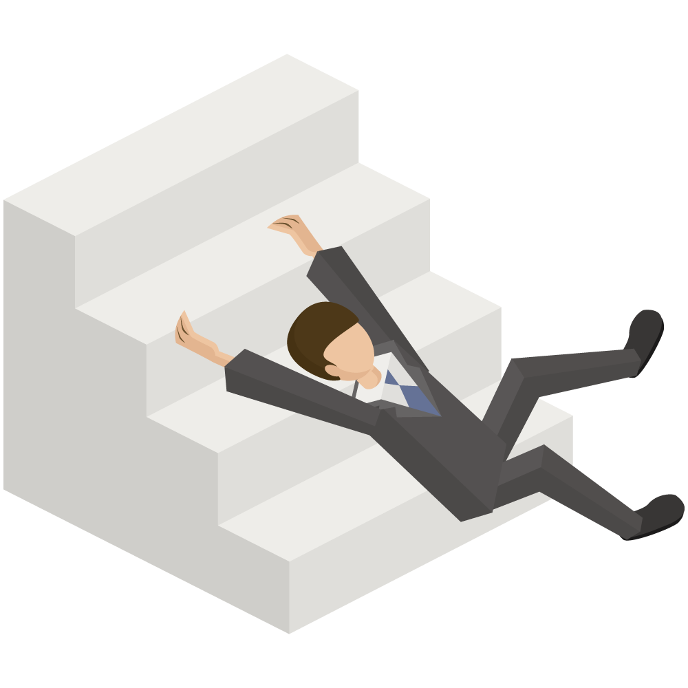 アイソメトリックの階段から転げ落ちる会社員のイラストです。