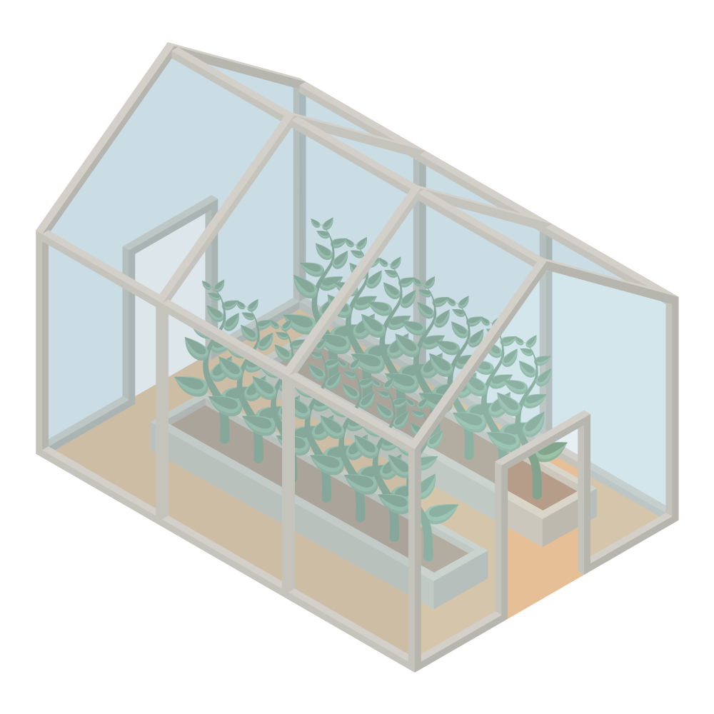 シンプルな立体的なビニールハウスのイラスト(野菜あり)です。