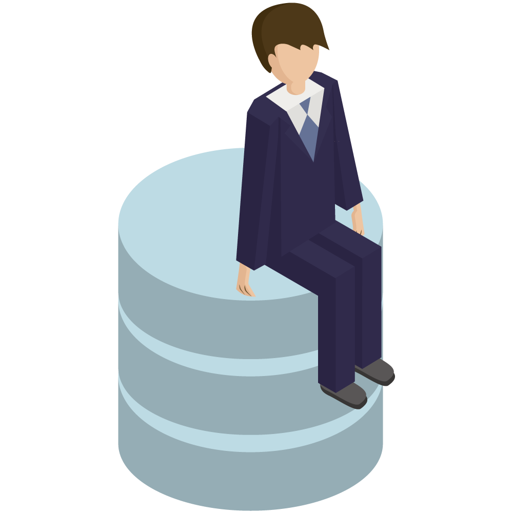 アイソメトリックのデータベースに座るスーツ姿の男性のイラストです。