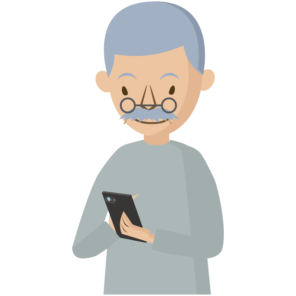 スマートフォンを操作する高齢者の男性のイラストです。
