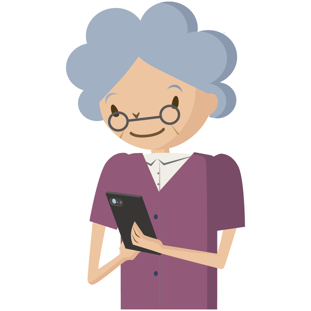 スマートフォンを操作する高齢者の女性のイラストです。