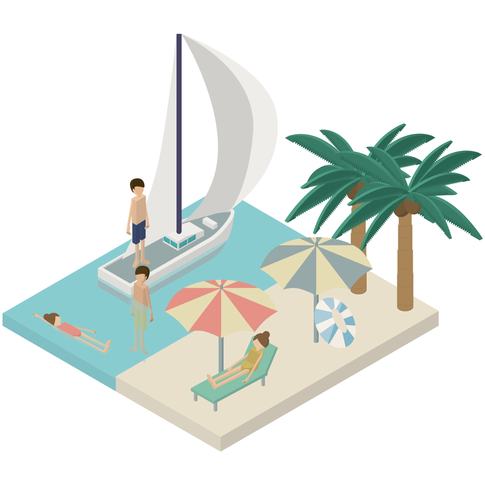 アイソメトリックの海辺のリゾートのイラストです。