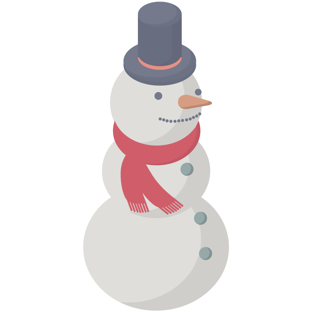 アイソメトリックの黒いハットと赤いマフラーをつけたスノーマンのイラストです。