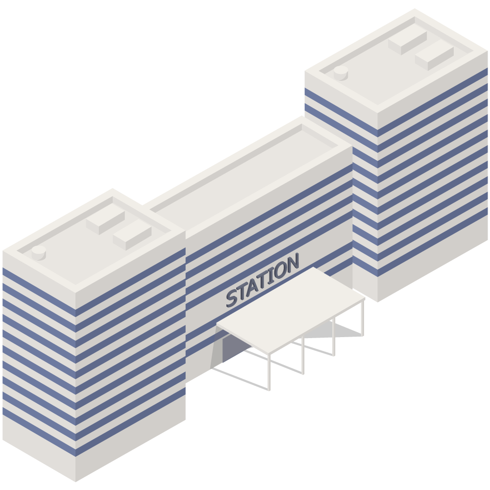 アイソメトリックの大型駅のイラストです。