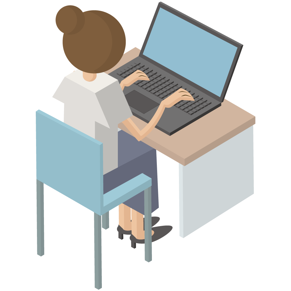 アイソメトリックのパソコンをしている女の人のイラストです。