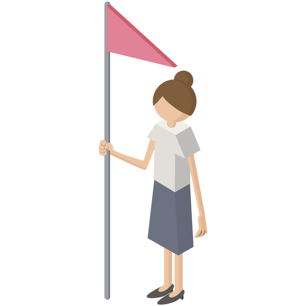 地図の現在地マークや目印として使える、アイソメトリック風の旗を持った女性のイラストです。