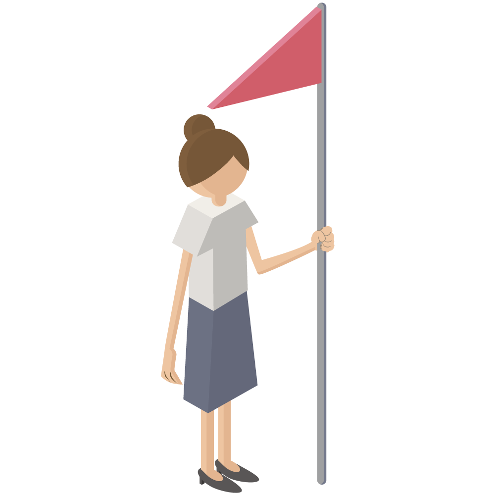 地図の現在地マークや目印として使える、アイソメトリック風の旗を持った女性のイラストです。