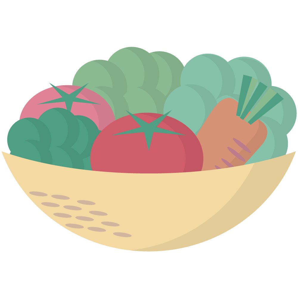 シンプルな籠に入った野菜(トマト・ニンジン・ブロッコリー)のイラストです。