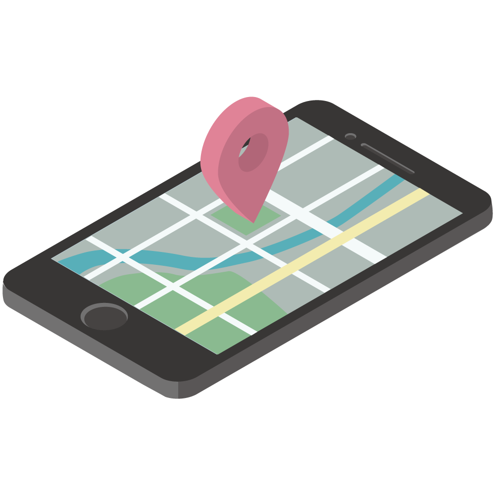 アイソメトリックなスマホのマップ(現在地付き)のイラストです。
