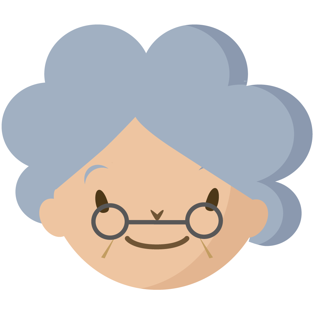 白髪で眼鏡をかけた高齢の女性の顔のイラストです。