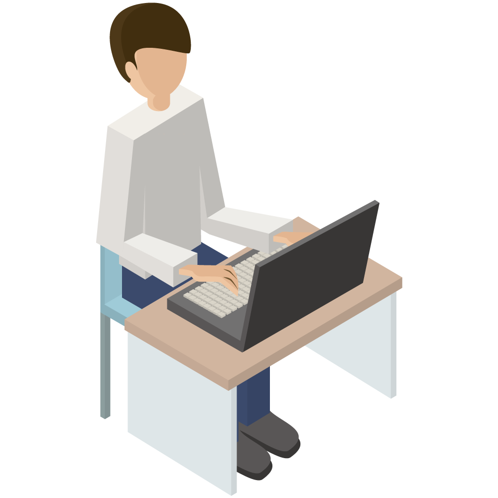 アイソメトリック風でパソコン作業をしている男性のイラストです。
